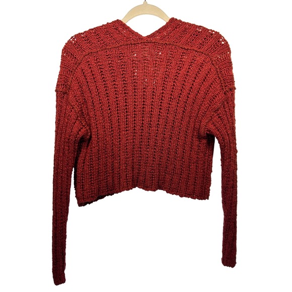 Crochet Knit Cropped Sweater Long Sleeve V Neck‎ Orange Rust S - Picture 5 of 5